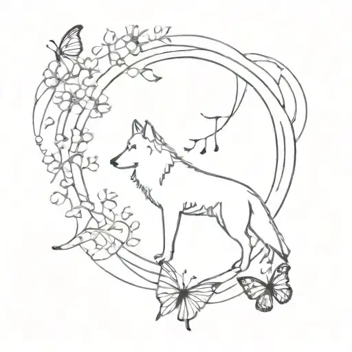 Music surrounding wolves and butterflies coming tattoo design idea
