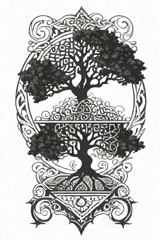 surrounded by geometric shape, I would like a tree of life with a Turkish eye tattoo design idea