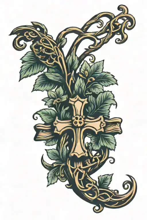 vine branch cross marriage wedding rings tattoo design idea