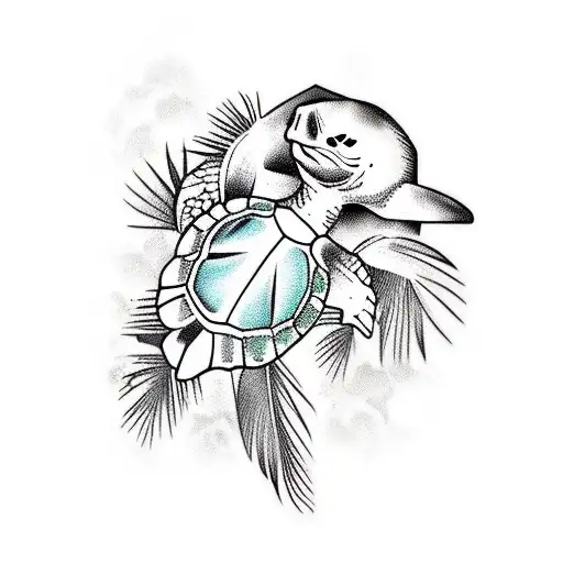 sea turtle and palm trees tattoo design idea