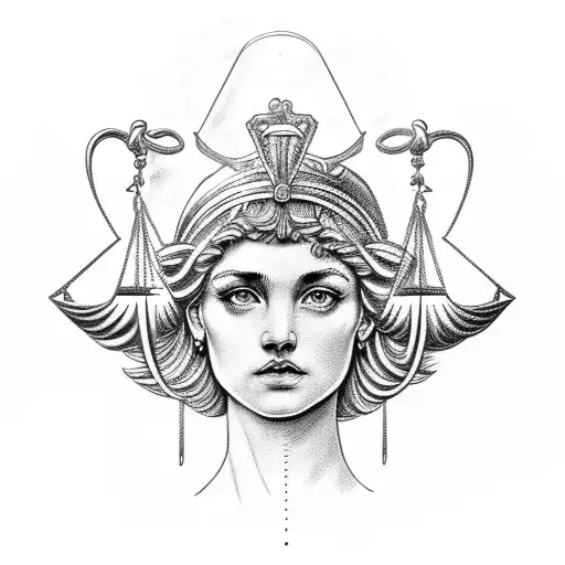 Depict the Greek goddess of justice, Themis, often associated with Libra. tattoo design idea