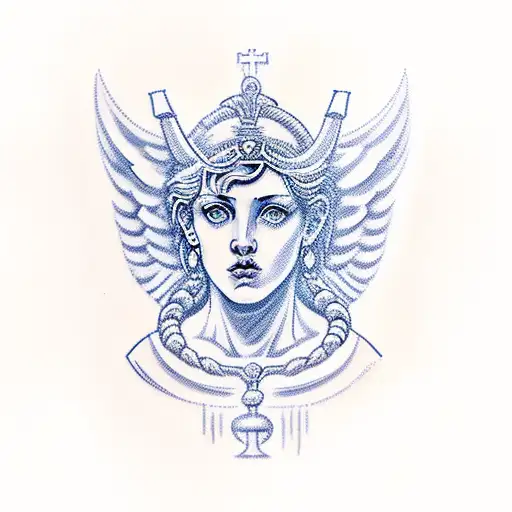 Depict the Greek goddess of justice, Themis, often associated with Libra. tattoo design idea