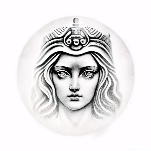 Depict the Greek goddess of justice, Themis, often associated with Libra. tattoo design idea
