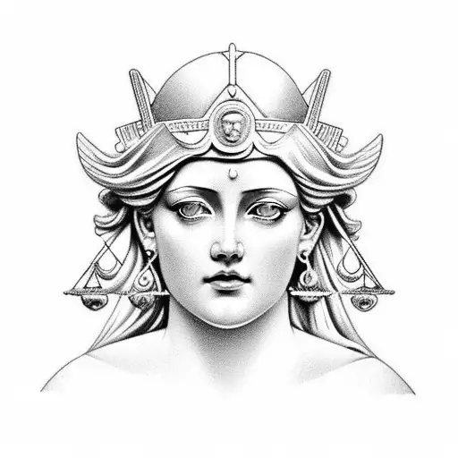 Depict the Greek goddess of justice, Themis, often associated with Libra. tattoo design idea