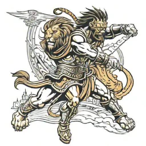 gladiator fighting away a lion, thunder and lighting bolts in background, small wooden city in background tattoo design idea