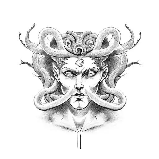 A tattoo design inspired by the book 'Hades' incorporating elements of Greek mythology and featuring Medusa in a unique way. tattoo design idea