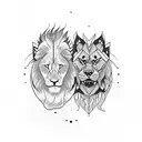 A lion and a wolf facing each other in a yin and yang symbol tattoo design idea