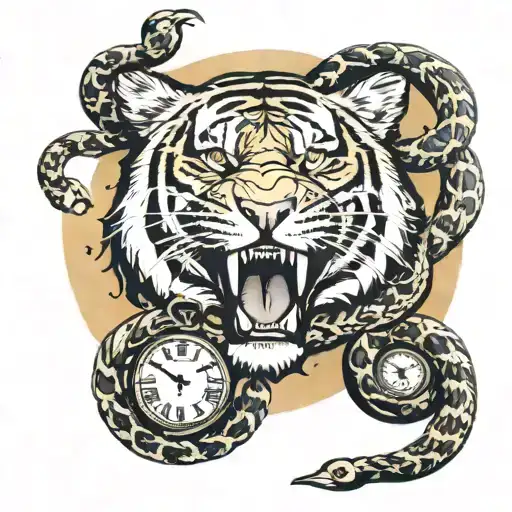 tiger , snake and pocket watch face tattoo design idea