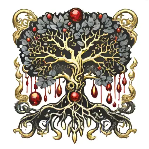 Black Melting Yggdrasil tree, dripping blood. Gold and silver. Gemstones and crystals tattoo design idea
