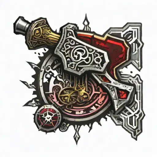 Golden Blacksmith hammer, silver gem encrusted wooden handle. Dark Red blood dripping. Gemstones all around, crystals. tattoo design idea