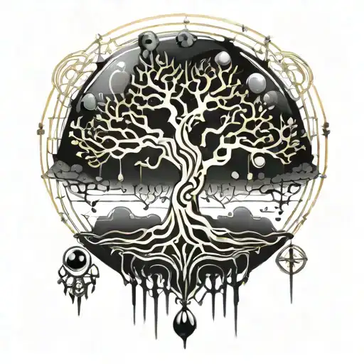 Black Melting Yggdrasil tree, dripping blood. Gold and silver. Gemstones and crystals tattoo design idea