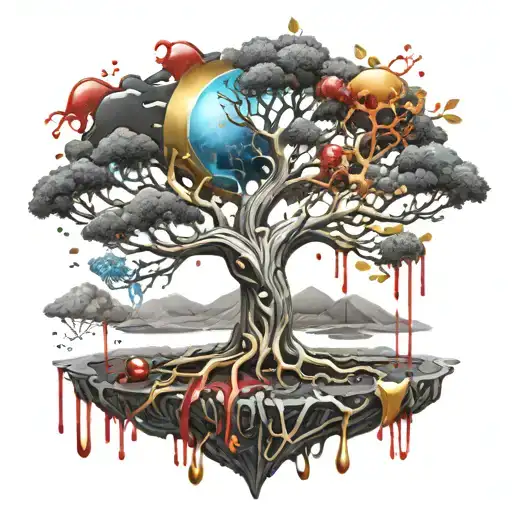 Black Melting Yggdrasil tree, dripping blood. Gold and silver. Gemstones and crystals tattoo design idea