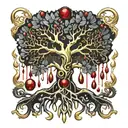 Black Melting Yggdrasil tree, dripping blood. Gold and silver. Gemstones and crystals tattoo design idea