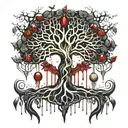 Black Melting Yggdrasil tree, dripping blood. Gold and silver. Gemstones and crystals tattoo design idea