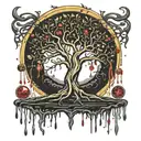 Black Melting Yggdrasil tree, dripping blood. Gold and silver. Gemstones and crystals tattoo design idea