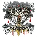 Black Melting Yggdrasil tree, dripping blood. Gold and silver. Gemstones and crystals tattoo design idea