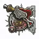 Golden Blacksmith hammer, silver gem encrusted wooden handle. Dark Red blood dripping. Gemstones all around, crystals. tattoo design idea