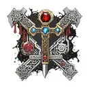 Golden Blacksmith hammer, silver gem encrusted wooden handle. Dark Red blood dripping. Gemstones all around, crystals. tattoo design idea