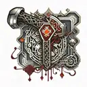 Golden Blacksmith hammer, silver gem encrusted wooden handle. Dark Red blood dripping. Gemstones all around, crystals. tattoo design idea