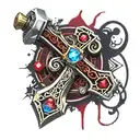 Golden Blacksmith hammer, silver gem encrusted wooden handle. Dark Red blood dripping. Gemstones all around, crystals. tattoo design idea