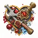 Golden Blacksmith hammer, silver wooden handle. Dark Red blood dripping. Gemstones all around, crystals. copper heart tattoo design idea