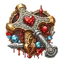 Golden Blacksmith hammer, silver wooden handle. Dark Red blood dripping. Gemstones all around, crystals. copper heart tattoo design idea