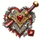 Golden Blacksmith hammer, silver wooden handle. Dark Red blood dripping. Gemstones all around, crystals. copper heart tattoo design idea