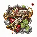 Golden Blacksmith hammer, silver wooden handle. Dark Red blood dripping. Gemstones all around, crystals. copper heart tattoo design idea