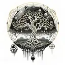 Black Melting Yggdrasil tree, dripping blood. Gold and silver. Gemstones and crystals tattoo design idea
