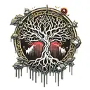 Black Melting Yggdrasil tree, dripping blood. Gold and silver. Gemstones and crystals tattoo design idea
