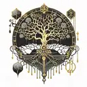 Black Melting Yggdrasil tree, dripping blood. Gold and silver. Gemstones and crystals tattoo design idea
