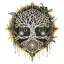 Black Melting Yggdrasil tree, dripping blood. Gold and silver. Gemstones and crystals tattoo design idea