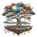 Black Melting Yggdrasil tree, dripping blood. Gold and silver. Gemstones and crystals tattoo design idea