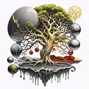 Black Melting Yggdrasil tree, dripping blood. Gold and silver. Gemstones and crystals tattoo design idea