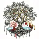 Black Melting Yggdrasil tree, dripping blood. Gold and silver. Gemstones and crystals tattoo design idea