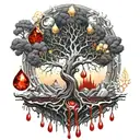 Black Melting Yggdrasil tree, dripping blood. Gold and silver. Gemstones and crystals tattoo design idea