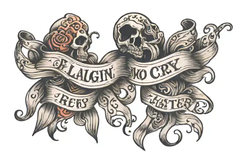 Laugh now cry later with a ribbon that has “EL ROBINN” written in Olde English font in the middle tattoo design idea