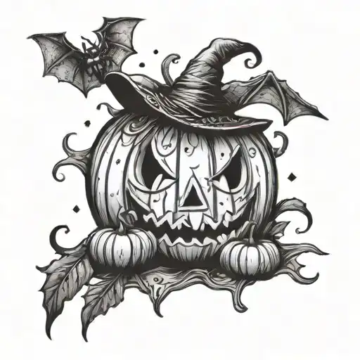 Halloween horror pumpkin bat spider witch broom spells tattoo design idea