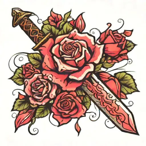 A sword that fades into rose petals floating tattoo design idea