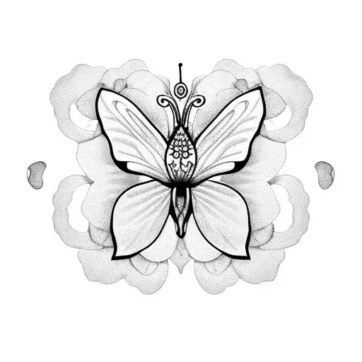 Compose a photograph of a hibiscus flower transforming into a monarch butterfly tattoo design idea