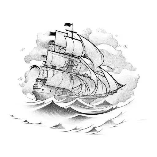 A detailed ship sailing towards a mysterious island on a stormy sea, with a feathered brush symbolizing creativity tattoo design idea