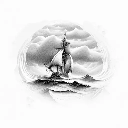 A detailed ship sailing towards a mysterious island on a stormy sea, with a feathered brush symbolizing creativity tattoo design idea