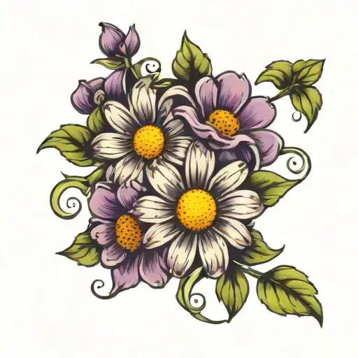 daisy and violet flowers tattoo design idea