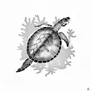 A minimalist tattoo of a sea turtle swimming gracefully amidst coral reefs. tattoo design idea
