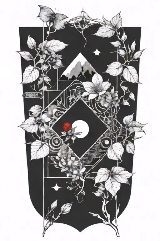 A tattoo design combining elements of nature and sacred geometry, with a focus on personal growth and self-discovery tattoo design idea