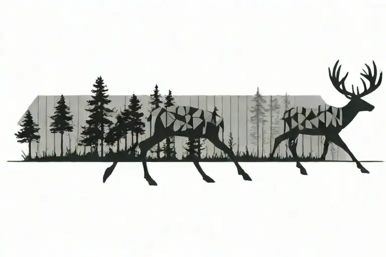 a deer walking through a pine forest tattoo design idea