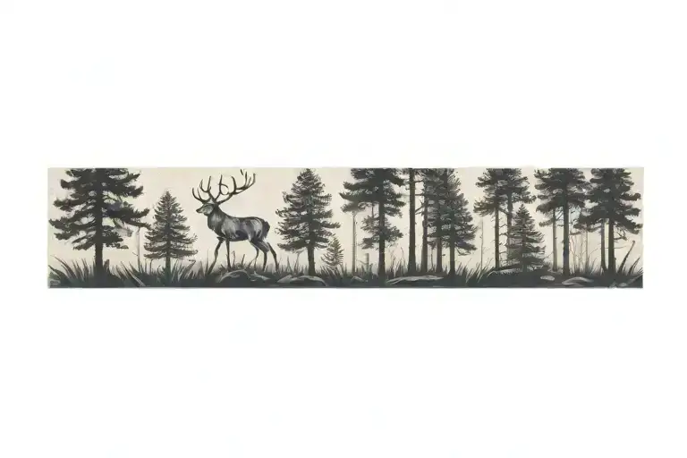 a deer walking through a dense pine forest tattoo design idea