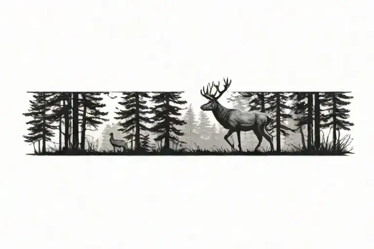 a deer walking through a pine forest tattoo design idea