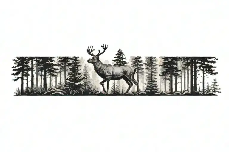 a deer walking through a dense pine forest tattoo design idea