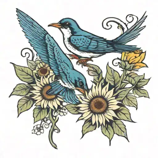 A pair of swallows with sunflowers in the background and Orla written in it tattoo design idea